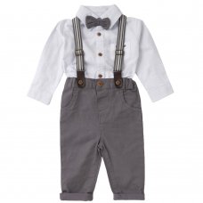 C05140: Baby Boys Bodysuit Shirt With Bow Tie & Chino Pant With Braces Outfit (0-18 Months)