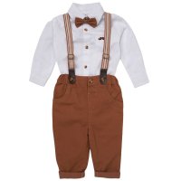 C05145: Baby Boys Bodysuit Shirt With Bow Tie & Chino Pant With Braces Outfit (0-18 Months)
