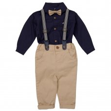 C05747: Baby Boys Bodysuit Shirt With Bow Tie & Chino Pant With Braces Outfit (0-18 Months)