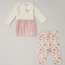 C05863: Baby Girls Ribbed Sequin Bow Quilted Tutu Dress  & Ribbed Legging Outfit (3-24 Months)