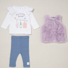 C06030: Baby Girls Lilac Faux Fur Gilet, Top & Legging Outfit (3-24 Months)