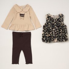 C06032: Baby Girls Leopard Faux Fur Gilet, Top & Legging Outfit (3-24 Months)
