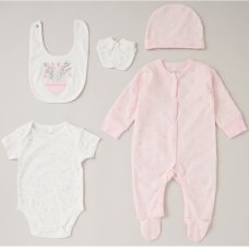 C06057: Baby Girls Hearts & Flowers Embossed Velour 5 Piece Gift Set (NB-6 Months)