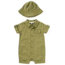 D06584: Baby Boys Woven Romper With Bucket Hat (0-9 Months)