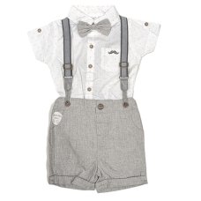 D07096: Baby Boys Bodysuit Shirt With Bow Tie & Linen Short With Braces Outfit (3-24 Months)