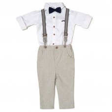 D07121: Baby Boys Bodysuit Shirt With Bow Tie & Linen Pant With Braces Outfit (3-24 Months)