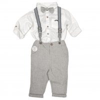 D07121: Baby Boys Bodysuit Shirt With Bow Tie & Linen Pant With Braces Outfit (3-24 Months)
