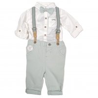 D07122: Baby Boys Bodysuit Shirt With Bow Tie & Chino Pant With Braces Outfit (3-24 Months)