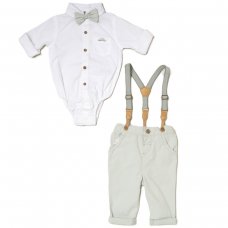 D07122: Baby Boys Bodysuit Shirt With Bow Tie & Chino Pant With Braces Outfit (3-24 Months)