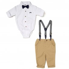 D07161: Baby Boys Bodysuit Shirt With Bow Tie & Chino Pant With Braces Outfit (3-24 Months)