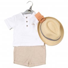 D07162A: Baby Boys Slub T-Shirt, Linen Shorts & Trilby Hat Outfit (3-24 Months)