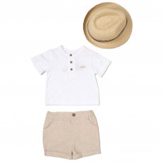D07162A: Baby Boys Slub T-Shirt, Linen Shorts & Trilby Hat Outfit (3-24 Months)