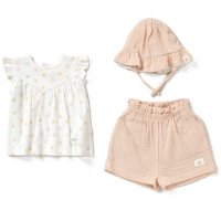 D07185: Baby Girls Organic Top, Woven Short & Reversible Hat Outfit (0-12 Months)