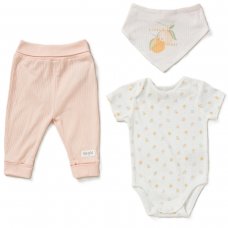 D07189: Baby Girls Organic Bodysuit , Ribbed Jogger & Reversible Bib Outfit (0-12 Months)