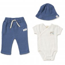 D07193: Baby Boys Organic Ribbed Wrap Bodysuit , Woven Trouser & Reversible Hat Outfit (0-12 Months)