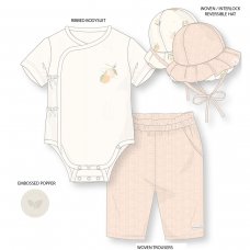 D07194: Baby Girls Organic Ribbed Wrap Bodysuit , Woven Trouser & Reversible Hat Outfit (0-12 Months)