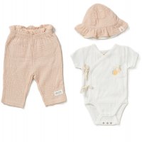D07194: Baby Girls Organic Ribbed Wrap Bodysuit , Woven Trouser & Reversible Hat Outfit (0-12 Months)
