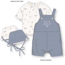 D07195: Baby Boys Organic Woven Dungaree, T-Shirt & Reversible Bucket Hat Outfit (0-12 Months)
