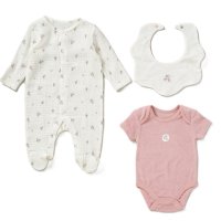 D07235: Baby Girls Muslin Sleepsuit, Terry Bodysuit & Reversible Bib Outfit (0-12 Months)
