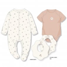 D07235: Baby Girls Muslin Sleepsuit, Terry Bodysuit & Reversible Bib Outfit (0-12 Months)
