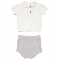 D07271: Baby Grey Cotton Knit Polo Top & Short Outfit (0-12 Months)