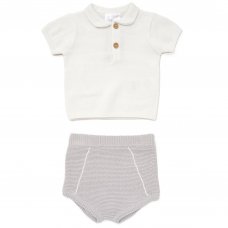 D07271: Baby Grey Cotton Knit Polo Top & Short Outfit (0-12 Months)