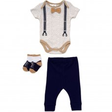 D07281:  Baby Boys Bowtie Bodysuit,  Ribbed Trouser & Socks Outfit (0-12 Months)