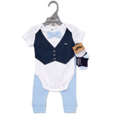 D07282:  Baby Boys Bowtie Bodysuit,  Ribbed Trouser & Socks Outfit (0-12 Months)