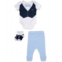 D07282:  Baby Boys Bowtie Bodysuit,  Ribbed Trouser & Socks Outfit (0-12 Months)