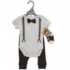 D07283:  Baby Boys Bowtie Bodysuit,  Ribbed Trouser & Socks Outfit (0-12 Months)