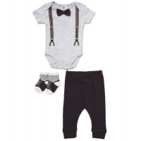 D07283:  Baby Boys Bowtie Bodysuit,  Ribbed Trouser & Socks Outfit (0-12 Months)