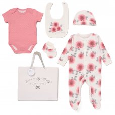 D07363: Baby Girls Floral 6 Piece Mesh Bag Gift Set (NB-6 Months)