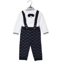 E07663: Baby Boys Knitted Bow Tie Bodysuit & Trousers With Braces (0-12 Months)