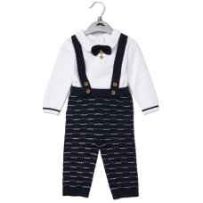 E07663: Baby Boys Knitted Bow Tie Bodysuit & Trousers With Braces (0-12 Months)