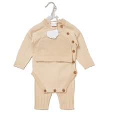 E07703: Baby Beige True Knit 3 Piece Outfit (0-12 Months)
