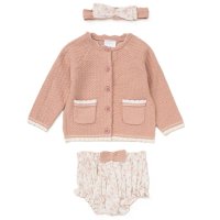 E07711: Baby Girls Knitted/ Woven Mix Cardigan, Knickers, Tights & Headband Outfit (0-12 Months)