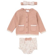 E07711: Baby Girls Knitted/ Woven Mix Cardigan, Knickers, Tights & Headband Outfit (0-12 Months)