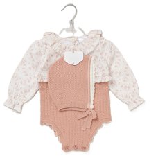 E07713: Baby Girls Knitted/ Woven Mix Bodysuit & Bonnet Outfit (0-12 Months)