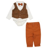 E07732INF: Baby Boys Bodysuit Shirt, Mock Woven Waistcoat With Bow Tie & Pant Outfit (12-24 Months)