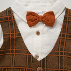 E07732INF: Baby Boys Bodysuit Shirt, Mock Woven Waistcoat With Bow Tie & Pant Outfit (12-24 Months)