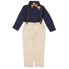 E07754INF: Baby Boys Bodysuit Shirt With Bow Tie & Pant With Braces Outfit (12-24 Months)