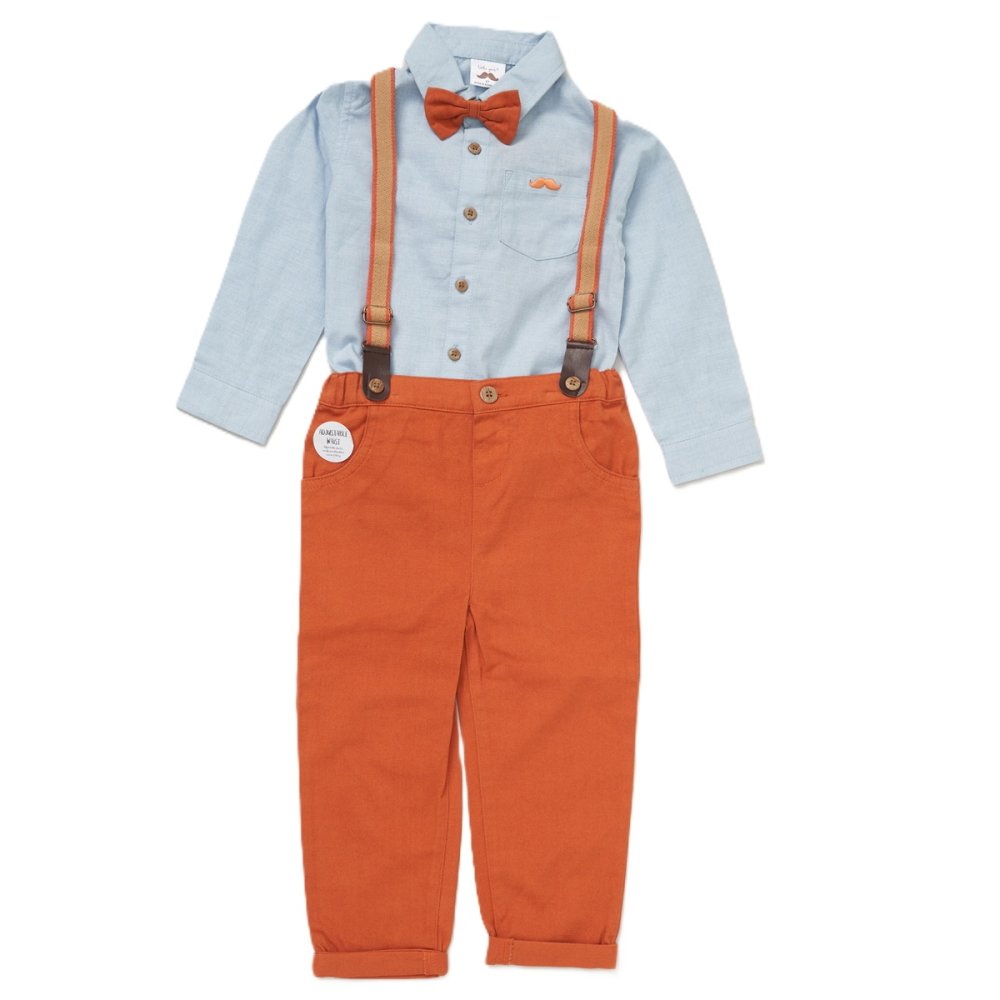 E07756INF: Baby Boys Bodysuit Shirt With Bow Tie & Pant With Braces Outfit (12-24 Months) E07756INF: Baby Boys Bodysuit Shirt With Bow Tie & Pant With Braces Outfit (12-24 Months)