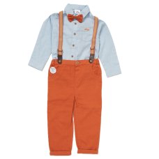 E07756INF: Baby Boys Bodysuit Shirt With Bow Tie & Pant With Braces Outfit (12-24 Months)