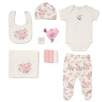 F09759NB: Baby Girls Floral Bird 10 Piece Mesh Bag Gift Set (NB-6 Months)