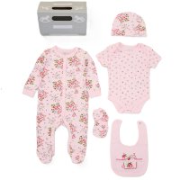 F09906NB: Baby Girls Floral 6 Piece Mesh Bag Gift Set (NB-6 Months)