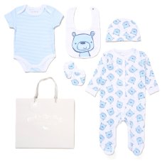 F10094NB: Baby Boys Teddy 6 Piece Mesh Bag Gift Set (NB-6 Months)