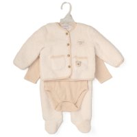 G10800NB: Baby Unisex Borg Jacket, Trouser & Ribbed Bodysuit Outfit (0-9 Months)