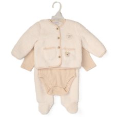 G10800NB: Baby Unisex Borg Jacket, Trouser & Ribbed Bodysuit Outfit (0-9 Months)