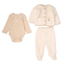 G10800NB: Baby Unisex Borg Jacket, Trouser & Ribbed Bodysuit Outfit (0-9 Months)