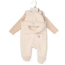 G10803NB: Baby Unisex Borg Dungaree, Hat & Ribbed Bodysuit Outfit (0-9 Months)